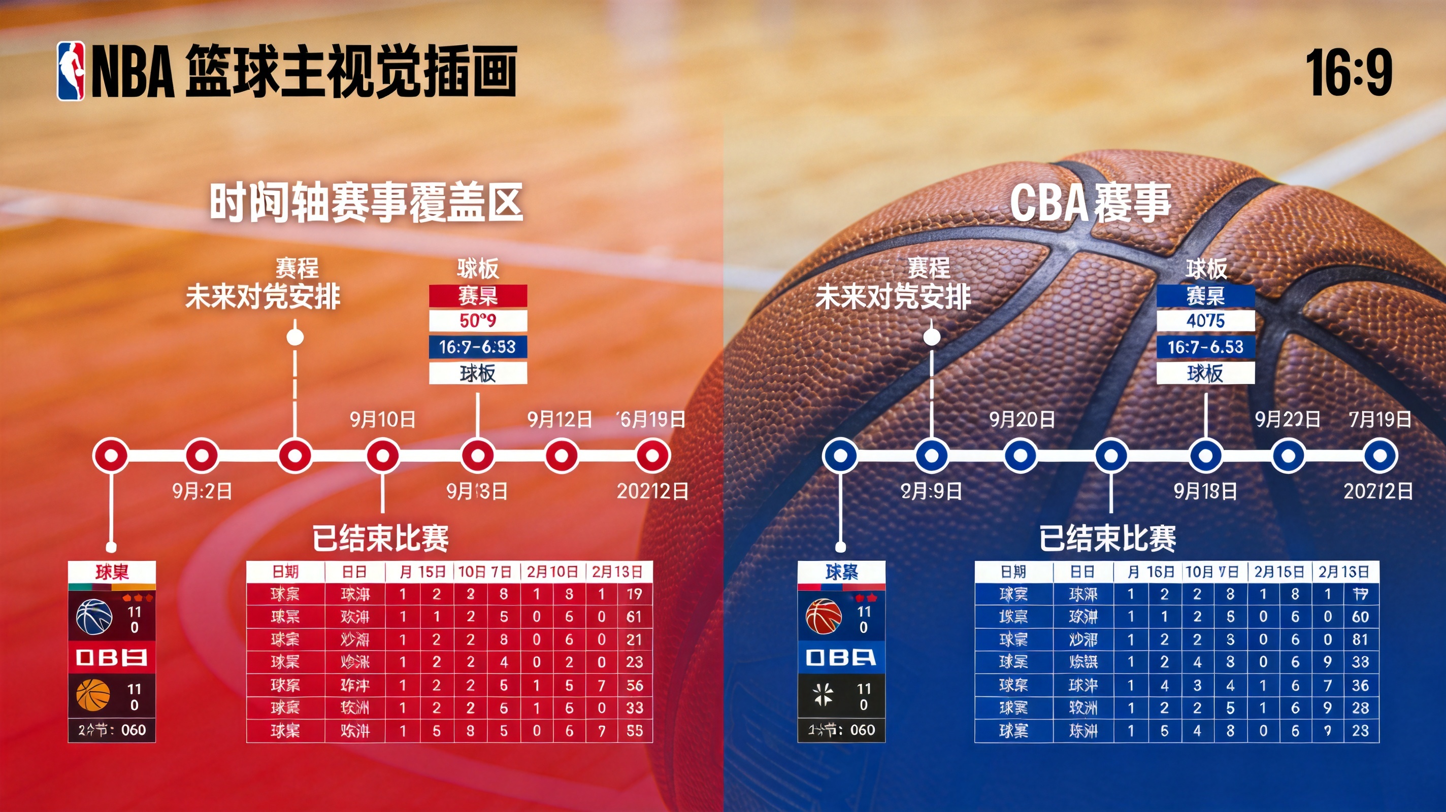 NBA 与 CBA 赛事覆盖范围示意，说明不同联赛的赛程与赛果归类方式